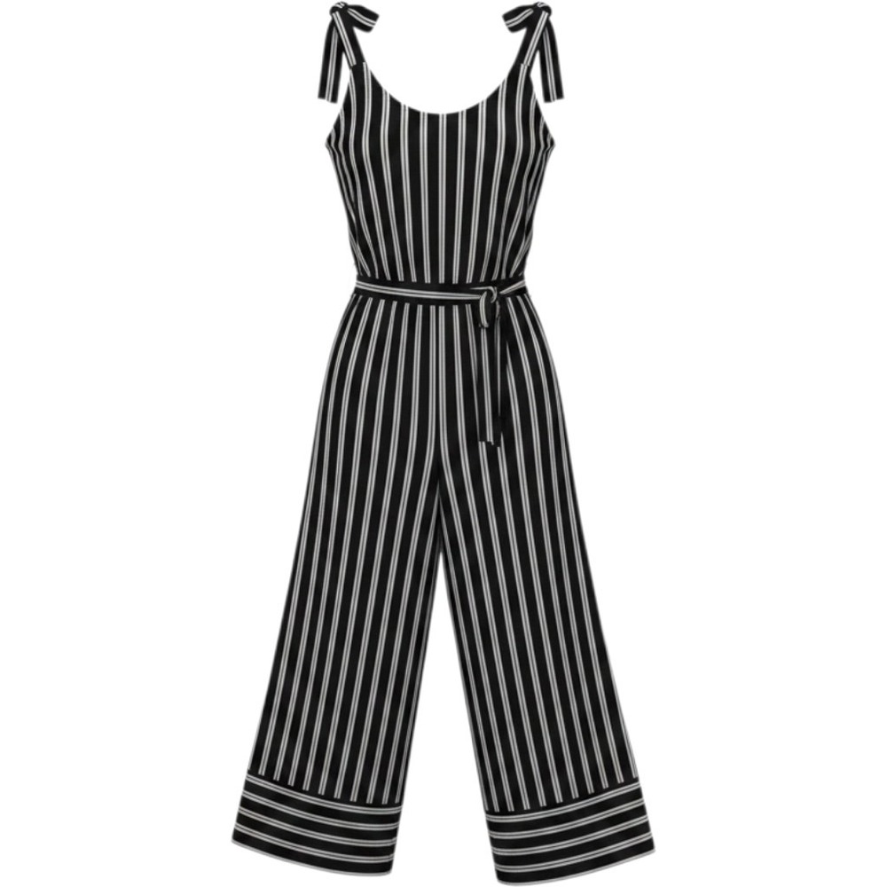 ECI Women Jumpsuit XS Black White Striped Tie Shoulder Wide Leg Nautical